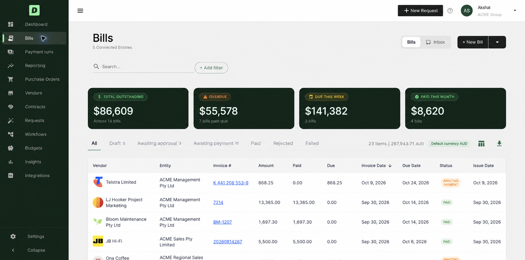 Derive’s Bills screen across 5 connected entities: $86,609 outstanding across 14 bills, $55,578 overdue, and the register of bills by vendor, entity and invoice number.