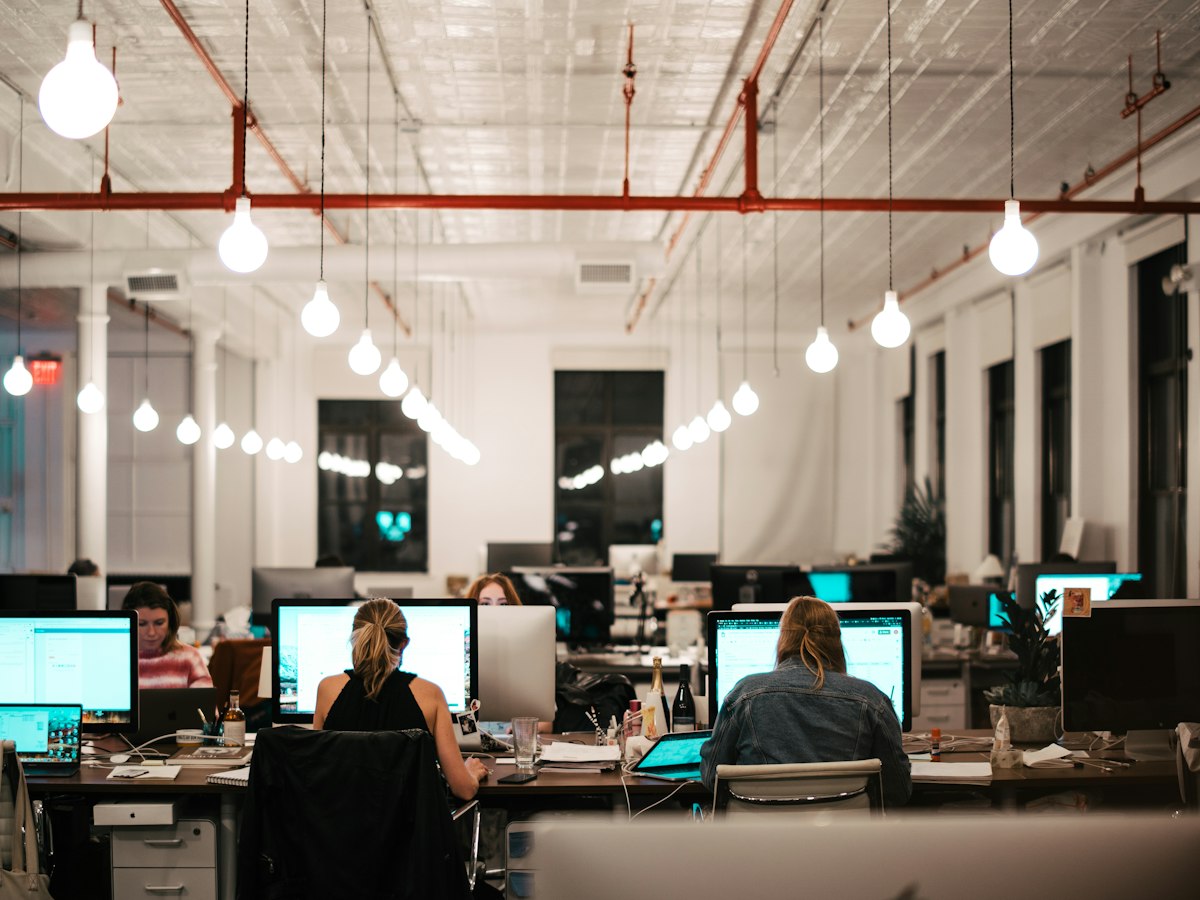 An open-plan office at night